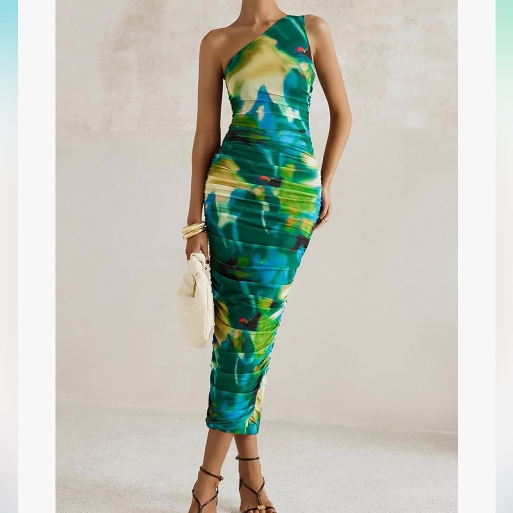 Prettygarden Vibrant One-Shoulder Dress in Green and Blue - Picture 5 of 10